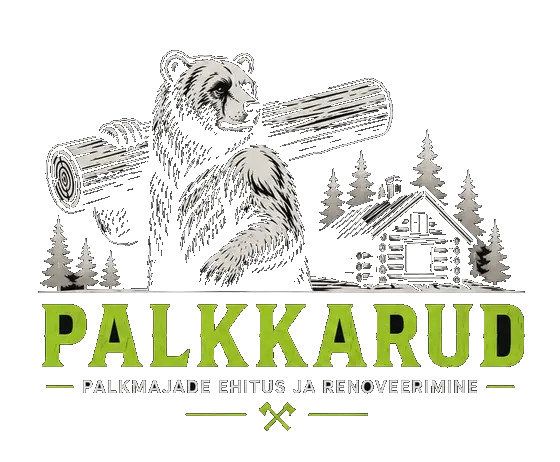 Palkkarud logo: karu kannab õlal palki, taustal palkmaja ja kuusemets